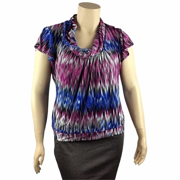 Worthington Top Size XL Pink Blue Multicolor Print Cap Sleeves Cowl Neck - Picture 1 of 7